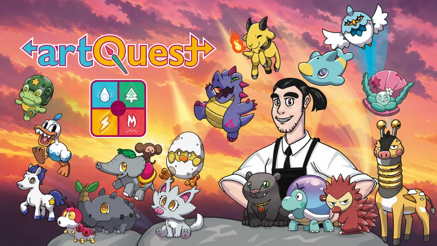 ArtQuest characters gathered under a sunset sky